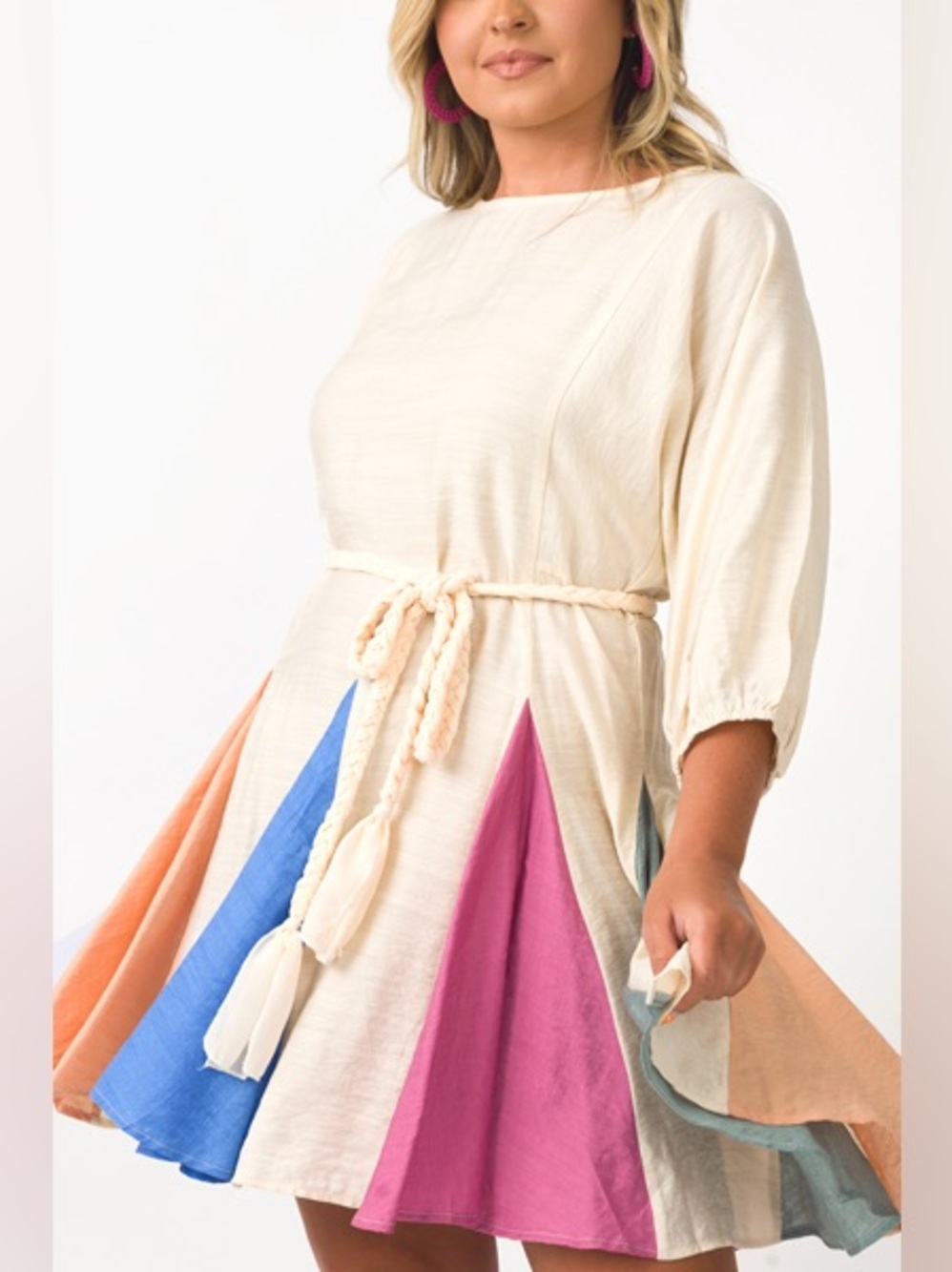 ODDI Rainbow Colorblock Panel Belted Swing Mini Dress - Picture 5 of 11